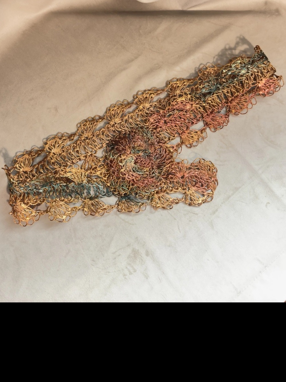 Vtg Hand Crocheted Copper Wire Sash Belt 3D Rosette Floral Clasp Boho Art Wear